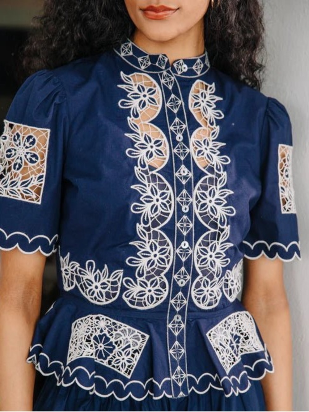 Navy Embroidered Short-Sleeve Peplum Blouse - Picture 3 of 4